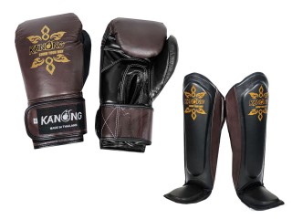 Gants + Protege Tibias Muay Thai en cuir KANONG : Marron/Noir